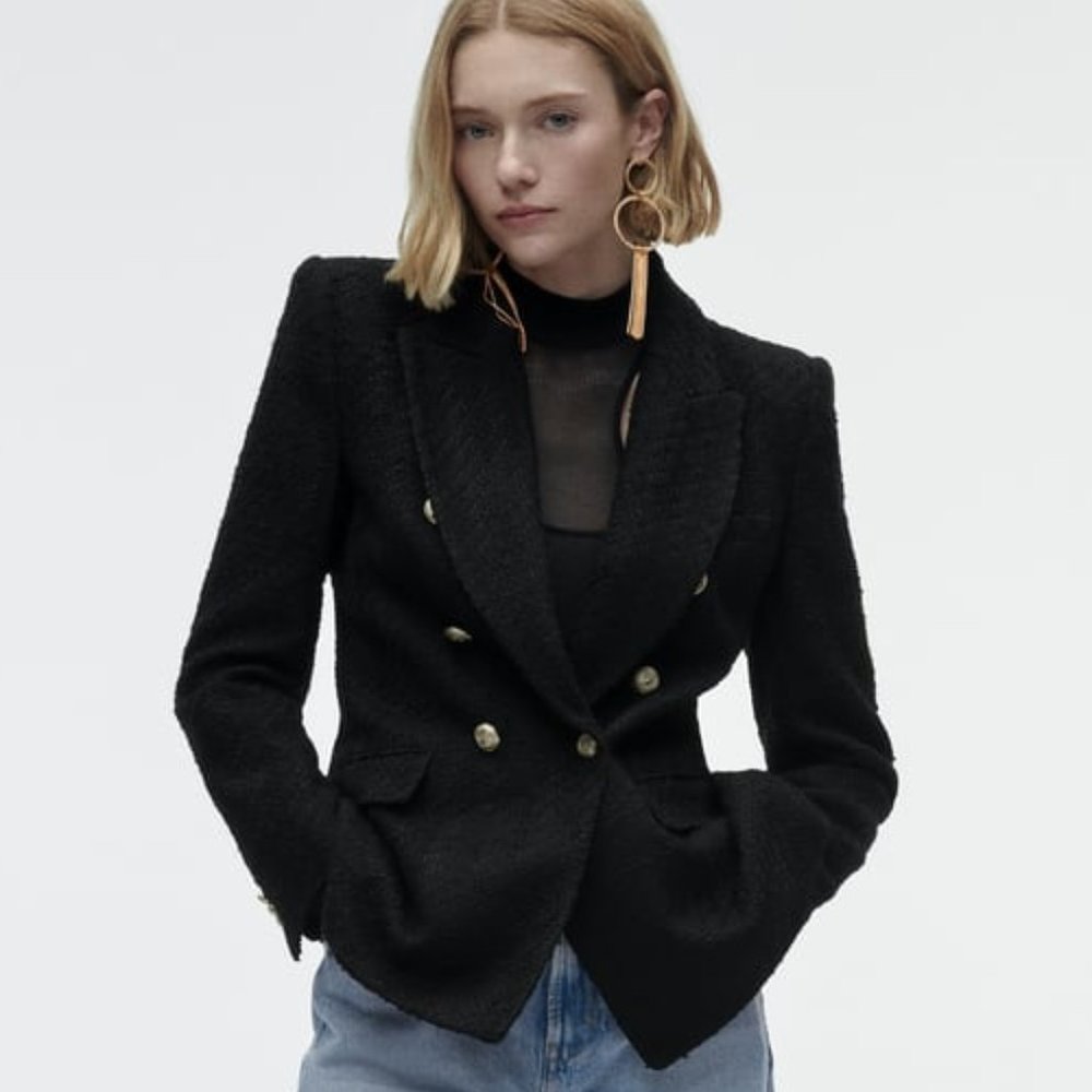 Zara - Women's Double Breasted Textured Weave Jacket - medium